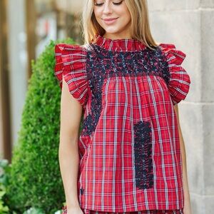 J.Marie
Rayna Embroidered Plaid Cap Sleeve Ruffle Neck Top